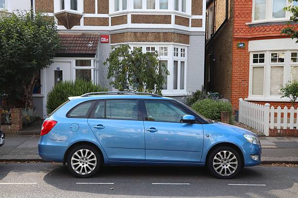 Skoda Fabia compact station wagon car parked in London. There are 37.7 million vehicles registered in the UK.