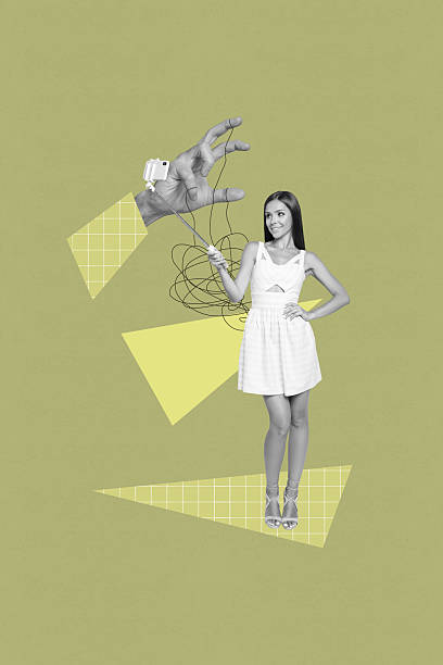 istock Collage poster of person stand under huge hand attacking with ropes strings 2215391666