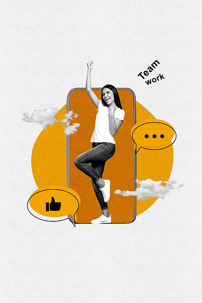 istock Image pop collage of person stand front screen gadget with like speech bubble on white background 2215395593