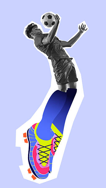 istock Composite image. Football player jumps upward for header with exaggerated colorful cleats against soft blue backdrop. 2215397199