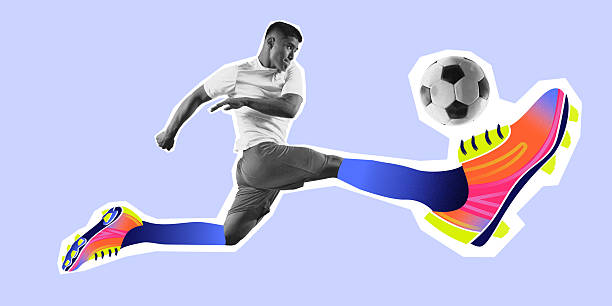 istock Poster. Modern artwork. Strike energy. Forward leaps with full force in vibrant cleats and energetic posture, frozen mid-kick. 2215397202