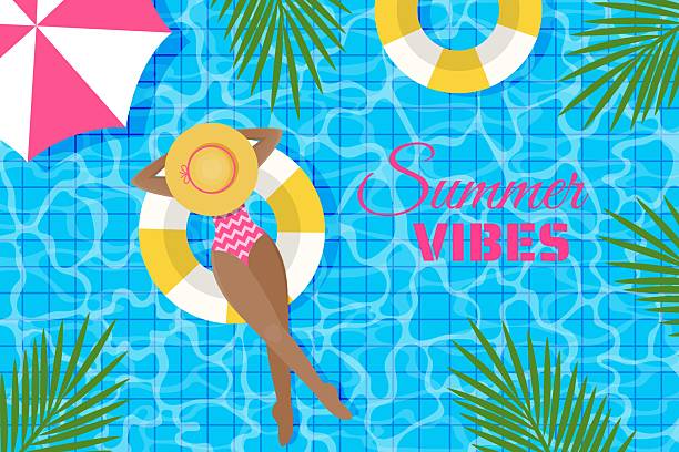 istock Vector illustration girl on an inflatable ring in the pool. Poster, banner, placard, cover for social networks. 2215398883
