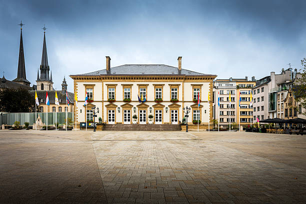 Luxembourg City Hall Stadhaus Stad Letzebuerg building and street lights on Place Guillaume II Knuedler town square in Luxembourg City historical centre Ville Haute quarter in sunny summer day