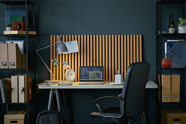 Organized Home Office With Stylish Wooden Backdrop