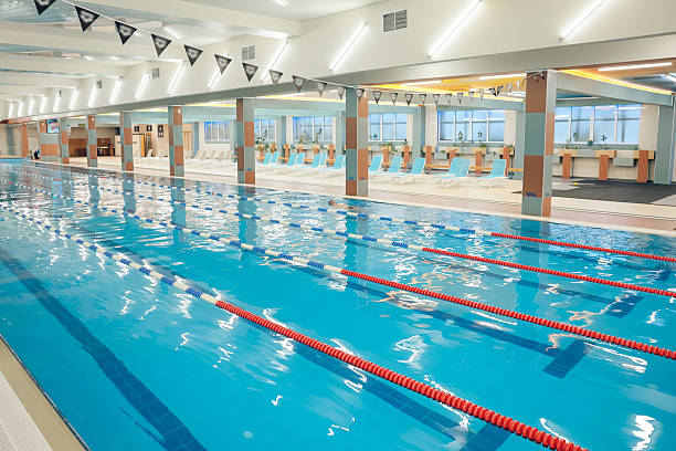 istock Swimming pool with many swimming paths and blue water 2215412325