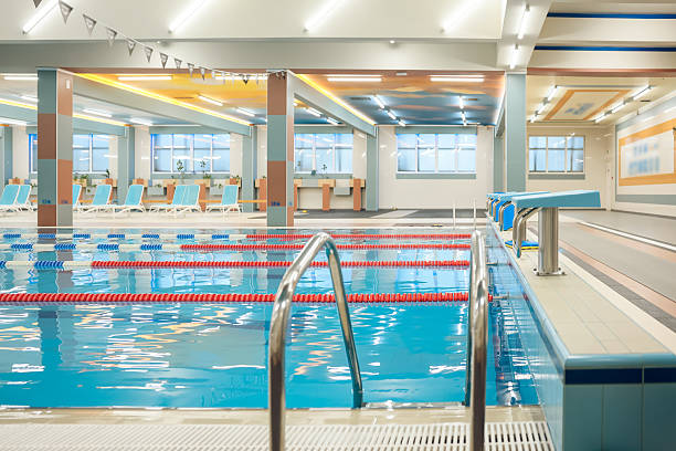 istock Swimming pool with many swimming paths and blue water 2215412328