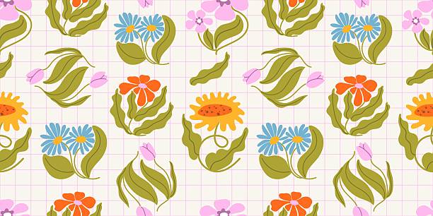 Seamless floral pattern with colorful hand drawn flowers on grid background. Vintage style spring botanical repeat design for fabric, wrapping paper, wallpaper, textile, stationery, digital projects