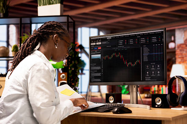 istock Investor looking at stock exchange graphs on PC monitor, browsing documents 2215417104
