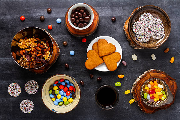 istock Various sweet food on black background. 2215418452