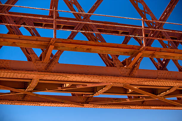 Red metal bridge construction against clear blue sky
