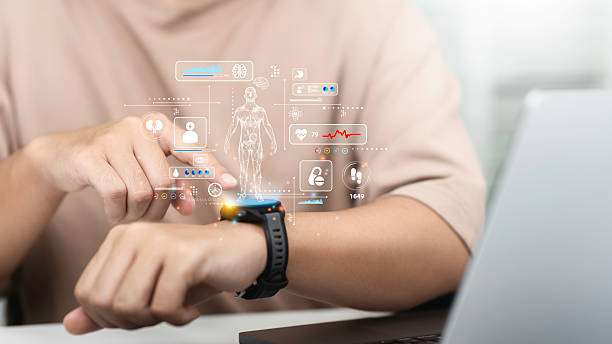 Man use smart watch for health care technology monitoring, ai analysis body to report and check health. Application track health Concept stock photo
