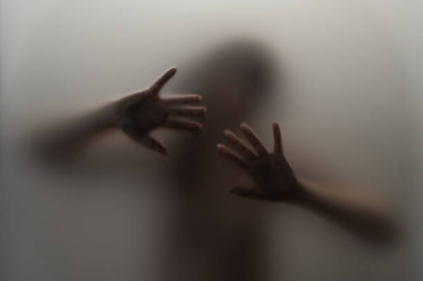 A blurred silhouette of a person is seen pressing their hands against a foggy glass surface. The mysterious and atmospheric composition evokes a sense of emotion, ambiguity, or tension.