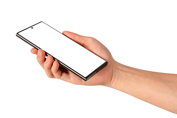 Hand showing smartphone with blank screen isolated on white background. Premium high quality studio shot. Concept for technology, business, finance and advertising.