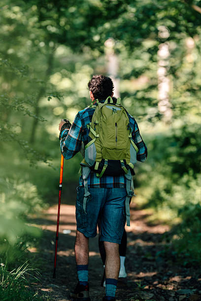 Young man with a backpack and trekking poles walking along a serene trail in the woods, soaking in the beauty of nature and tranquility