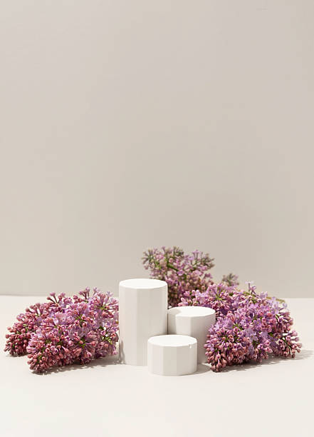 istock Beauty cosmetics product presentation scene made with white miniature columns surrounded by fresh lilac flowers on soft neutral background. Vertical photography. 2215459844