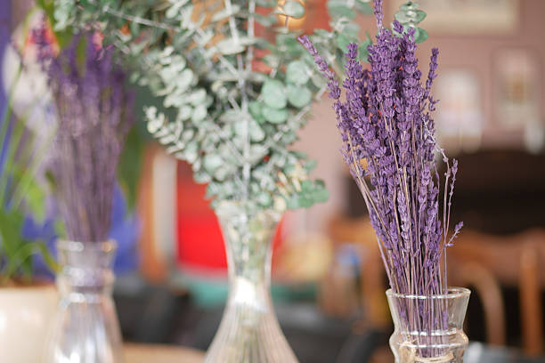 Lavender and eucalyptus in vases at a cozy cafe setting.