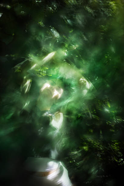 An exotic looking woman in a butterfly lace top is performing flying hand moves, captured in multiple exposures under tropical sunlight foliage.