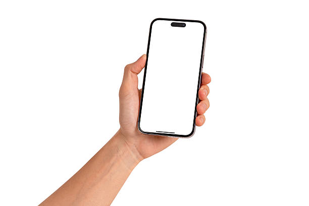 istock Hand showing smartphone with blank screen isolated on white background. Premium high quality studio shot. Concept for technology, business, finance and advertising. 2215474249