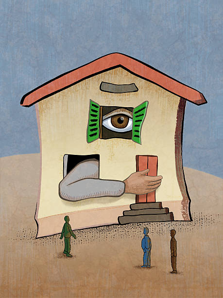 Whimsical house with an eye and some hands poking out from its windows. The hand is guarding the house door. Digital illustration, my own artwork.