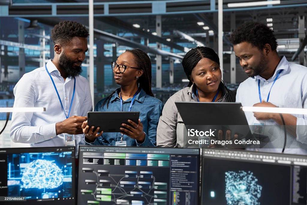 Server Room Colleagues Use Artificial Intelligence To Perform Computing ...