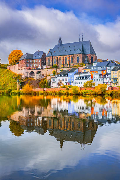 istock Saarburg, Germany. Water reflection landscape with charming old town on Saar River. 2215505906