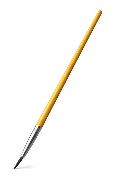 pointy artistic paint brush isolated white background, mock-up template of acrylics, oil or watercolor painting tool with short fine bristles and yellow handle, designed for detail work outlining
