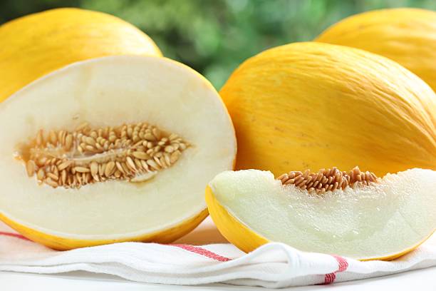 istock Fresh ripe melons on white table outdoors, closeup 2215513519
