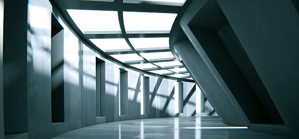 istock Curved Concrete Hallway with Sunlight and Shadows, Abstract Background 2215514688