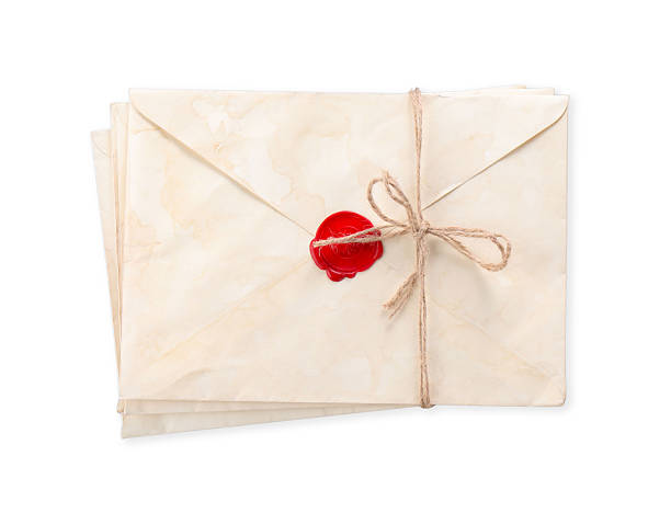 istock Stack of old letters with wax stamps on light grey background, top view 2215515042