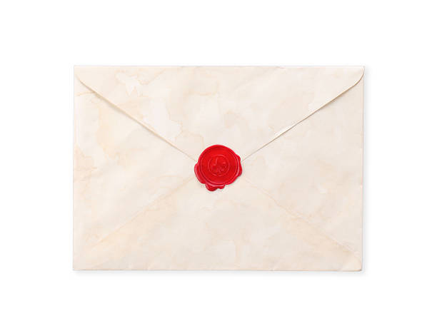istock Old letter with wax stamp on light grey background, top view 2215515048