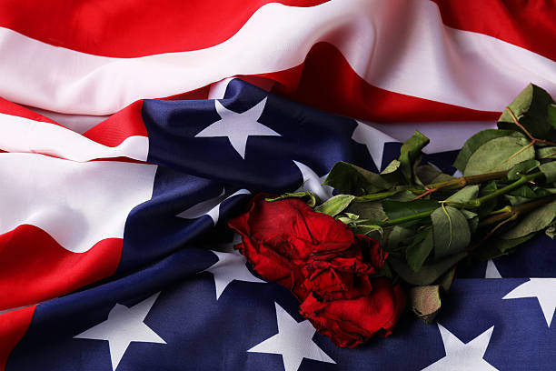 istock Veterans day. American flag and roses, top view 2215515744