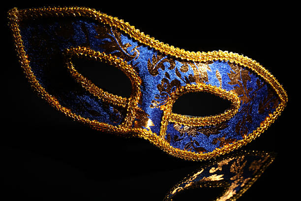 istock Beautiful blue carnival mask on black background, closeup 2215517637
