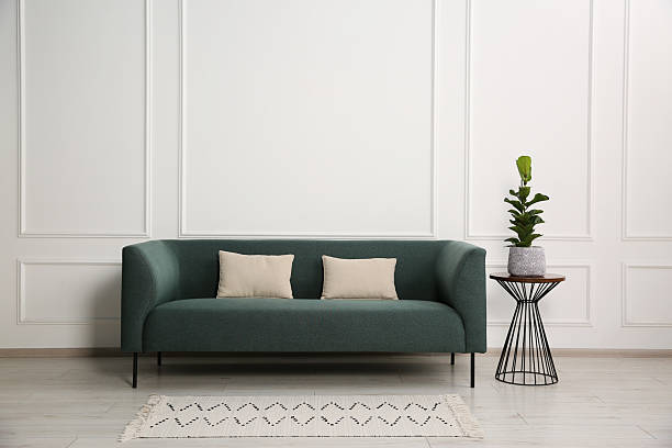 istock Stylish sofa with cushions and plant on side table near white wall 2215518388