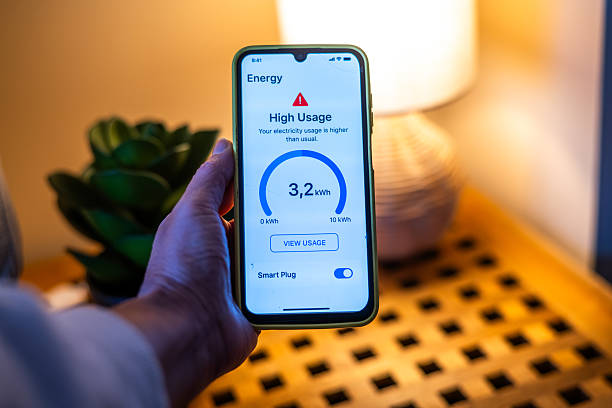Homeowner checking electricity consumption on a mobile app, noticing a high usage alert due to increased energy demand. Monitoring power usage for better efficiency and cost savings