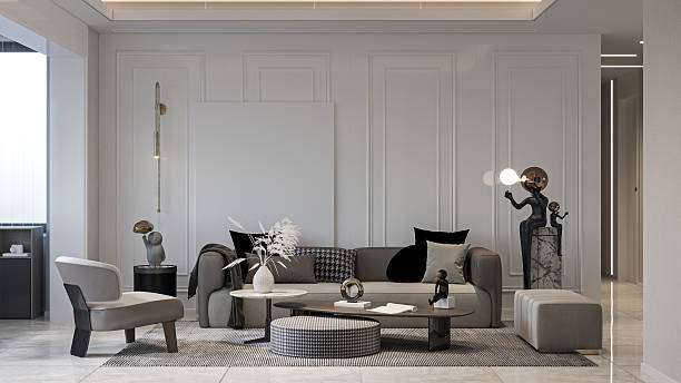 istock Contemporary Living Space with Unique Statues and Subtle Lighting 2215522598