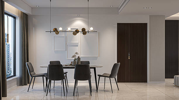 istock Modern Dining Room with Abstract Wall Art and City View 2215522652