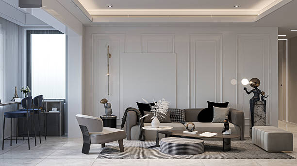 istock Modern Dhaka Living Room with Sculptural Decor and Bar Seating 2215522655
