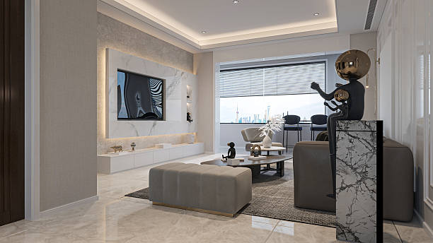 istock Stylish Lounge Area with Gray Sofa and Abstract Decor 2215522681