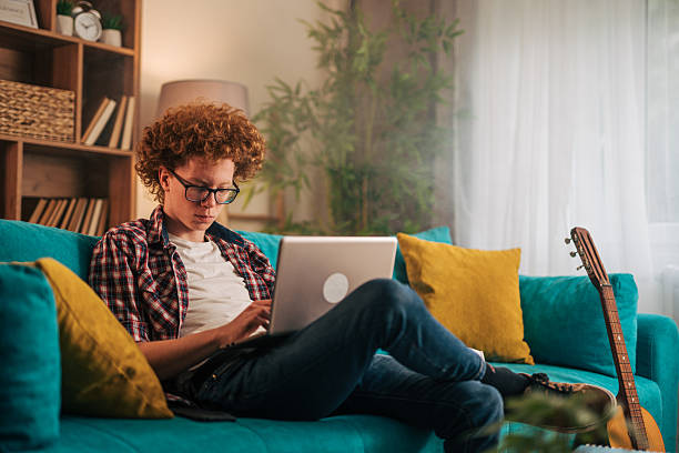 istock Young man working from home sitting on the sofa using laptop 2215522818