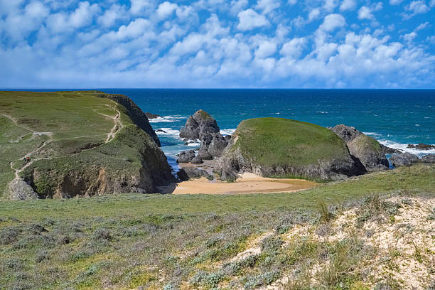 Belle-Ile in Brittany, a beach on the Cote Sauvage, with cliffs and rocks