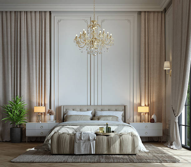 istock Bedroom interior in modern classic style with chandelier and lamp. 3d rendering 2215529320