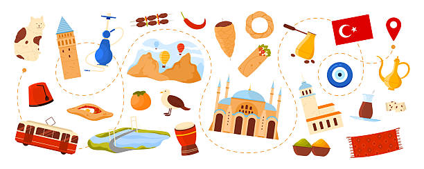 Travel to Turkey, Turkish culture elements and landmark, spicy food on tourist route Travel to Turkey, Turkish culture elements and landmark, spicy food on tourist route to location. Galata Tower, Blue Mosque, Cappadocia with air balloons, Bosphorus Bridge cartoon vector illustration cappadocia balloon stock illustrations