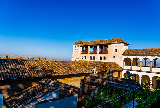 Alhambra's Generalife Courtyard, Tranquil Gardens and Iconic Architecture Under a Vibrant Blue Andalusian Sky