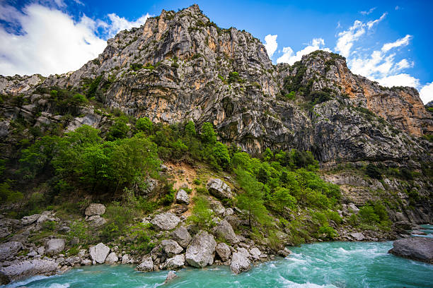 Water flowing down Verdon River in Les Gorges du Verdon in Provence France alongside beautiful hiking trail