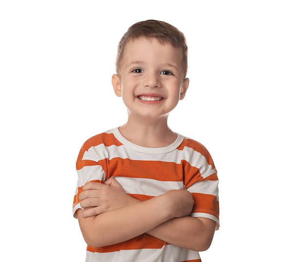 istock Portrait of cute little boy on white background 2215548702