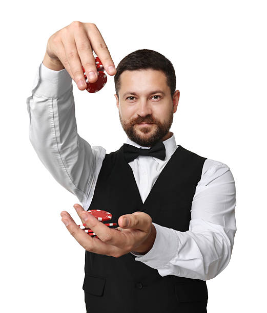 istock Croupier with casino chips on white background 2215549173