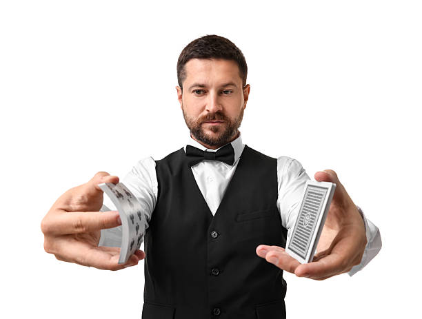 istock Professional croupier shuffling cards on white background 2215549183
