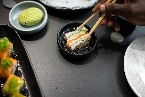 Wasabi and soy sauce served along the sushi platter