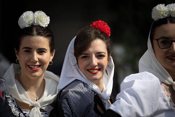 May 15, 2025. Madrid, Spain. Plaza Mayor.  A joyful group of women dressed in traditional \