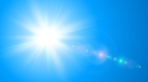 istock Sun with lens flare on blue sky, sunny background as hot weather concept, summer background illustration. 2215557711